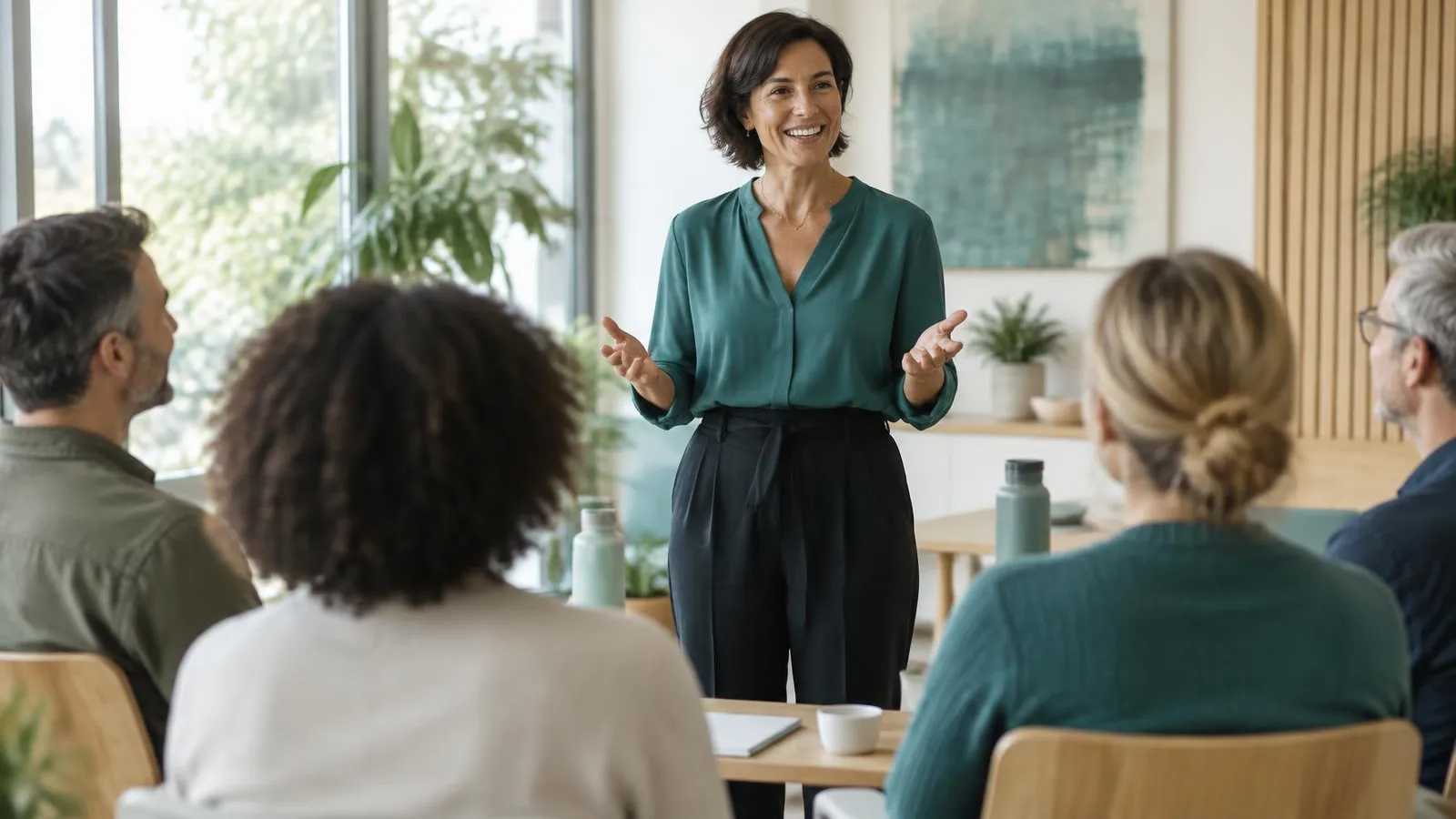 Een vrouw vertelt enthousiast aan een kleine groep collega's in een lichte trainingsruimte